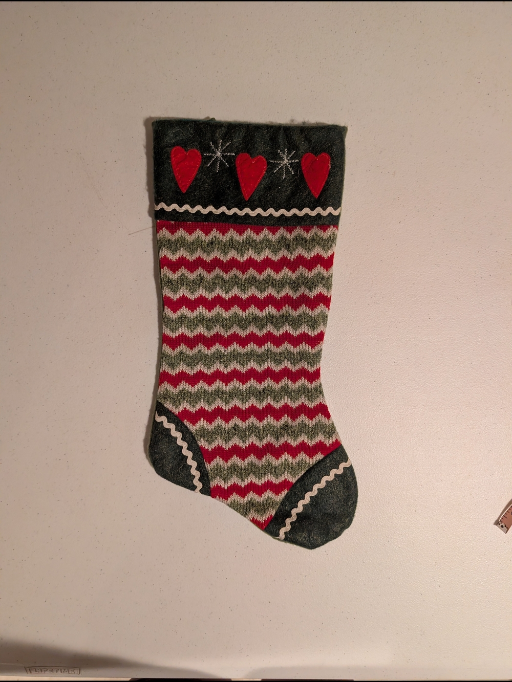 Green and Red Chevron Holiday Stocking with Heart Accents